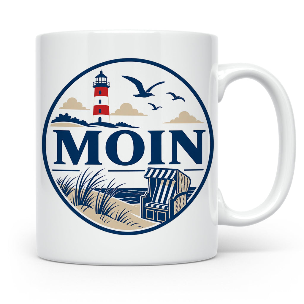 Moin Tasse Küste Leuchtturm Möwen Dünen - Geschenk Norddeuts – Weiß [farbe:weiß]