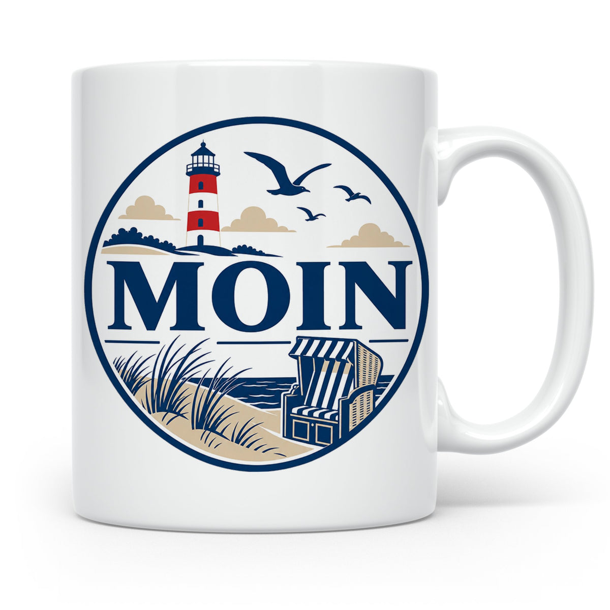 Moin Tasse Küste Leuchtturm Möwen Dünen - Geschenk Norddeuts – Weiß [farbe:weiß]