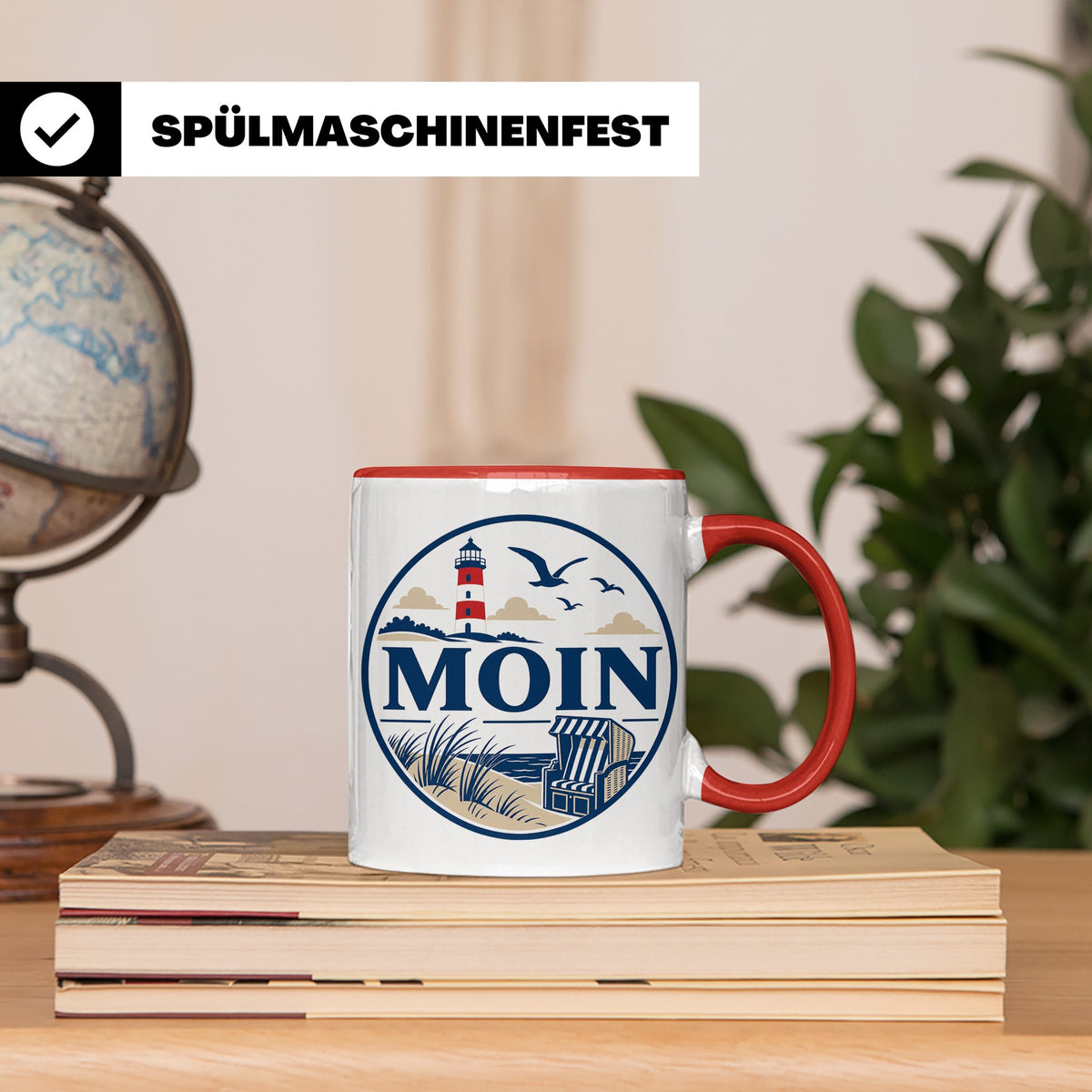 Moin Tasse Küste Leuchtturm Möwen Dünen - Geschenk Norddeuts – Rot [farbe:rot]