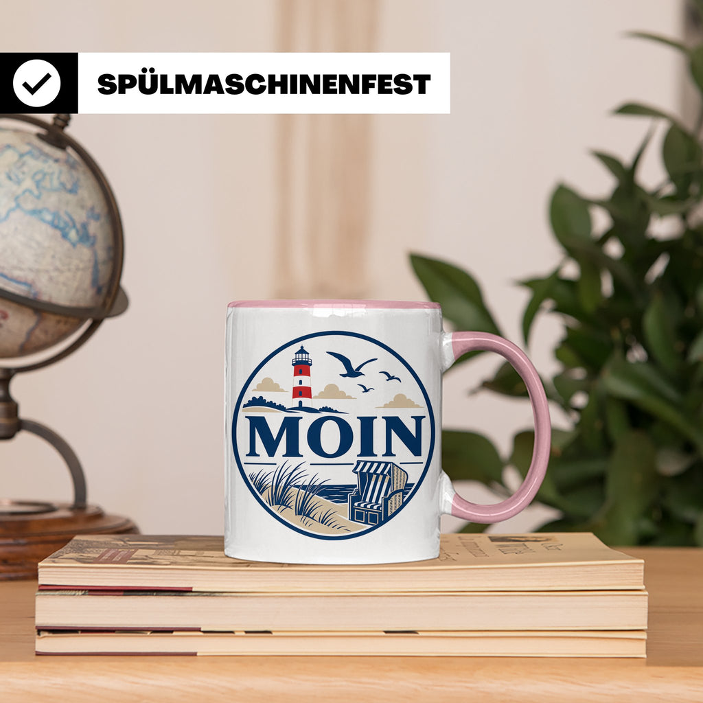 Moin Tasse Küste Leuchtturm Möwen Dünen - Geschenk Norddeuts – Rosa [farbe:rosa]