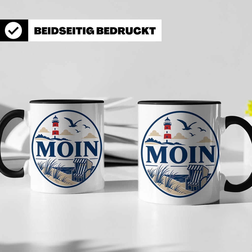 Moin Tasse Küste Leuchtturm Möwen Dünen - Geschenk Norddeuts – Schwarz [farbe:schwarz]