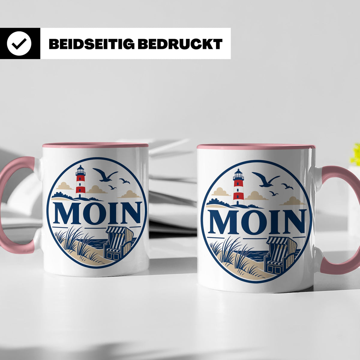 Moin Tasse Küste Leuchtturm Möwen Dünen - Geschenk Norddeuts – Rosa [farbe:rosa]