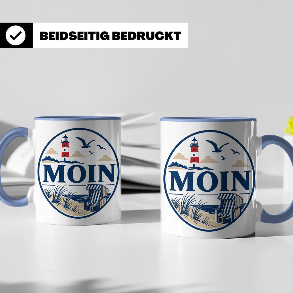 Moin Tasse Küste Leuchtturm Möwen Dünen - Geschenk Norddeuts – Blau [farbe:blau]