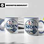 Moin Tasse Küste Leuchtturm Möwen Dünen - Geschenk Norddeuts – Blau [farbe:blau]