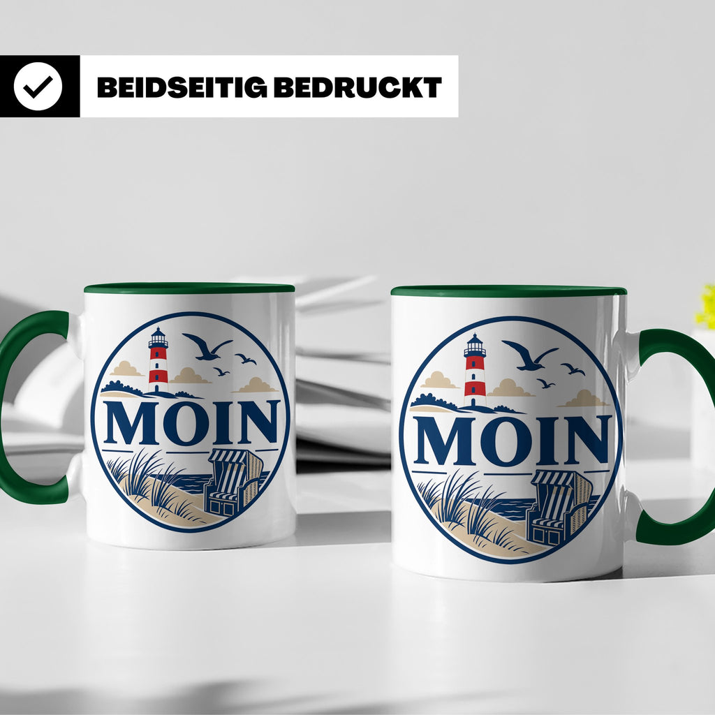Moin Tasse Küste Leuchtturm Möwen Dünen - Geschenk Norddeuts – Grün [farbe:grün]