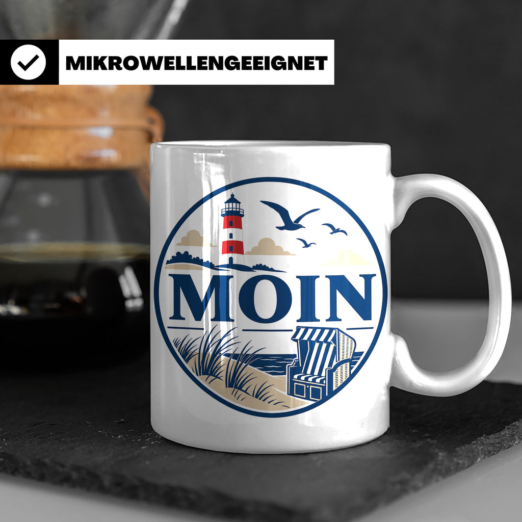 Moin Tasse Küste Leuchtturm Möwen Dünen - Geschenk Norddeuts – Weiß [farbe:weiß]