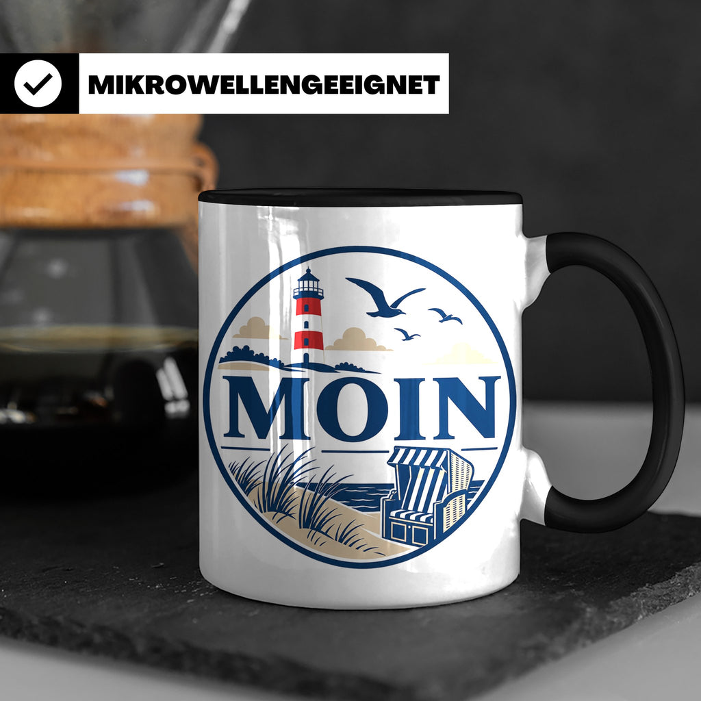 Moin Tasse Küste Leuchtturm Möwen Dünen - Geschenk Norddeuts – Schwarz [farbe:schwarz]