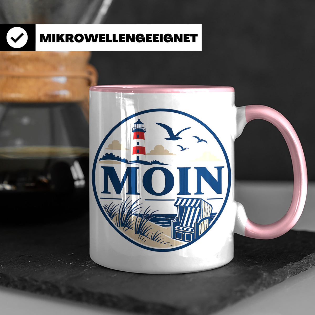 Moin Tasse Küste Leuchtturm Möwen Dünen - Geschenk Norddeuts – Rosa [farbe:rosa]