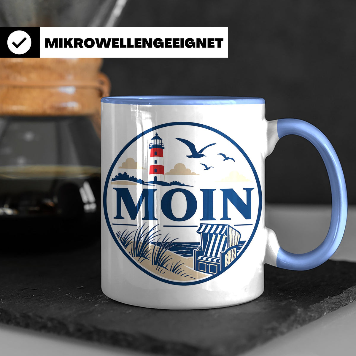 Moin Tasse Küste Leuchtturm Möwen Dünen - Geschenk Norddeuts – Blau [farbe:blau]