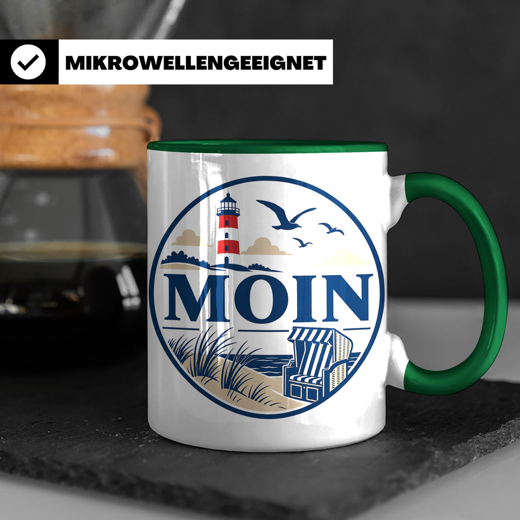 Moin Tasse Küste Leuchtturm Möwen Dünen - Geschenk Norddeuts – Grün [farbe:grün]