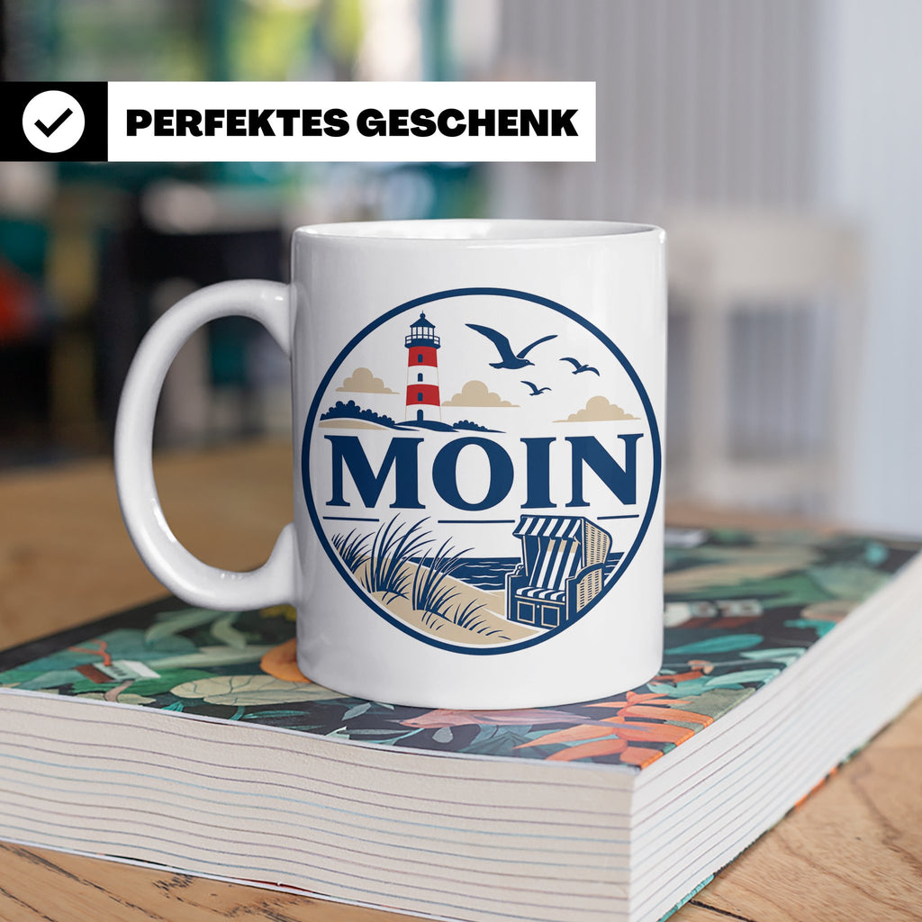 Moin Tasse Küste Leuchtturm Möwen Dünen - Geschenk Norddeuts – Weiß [farbe:weiß]