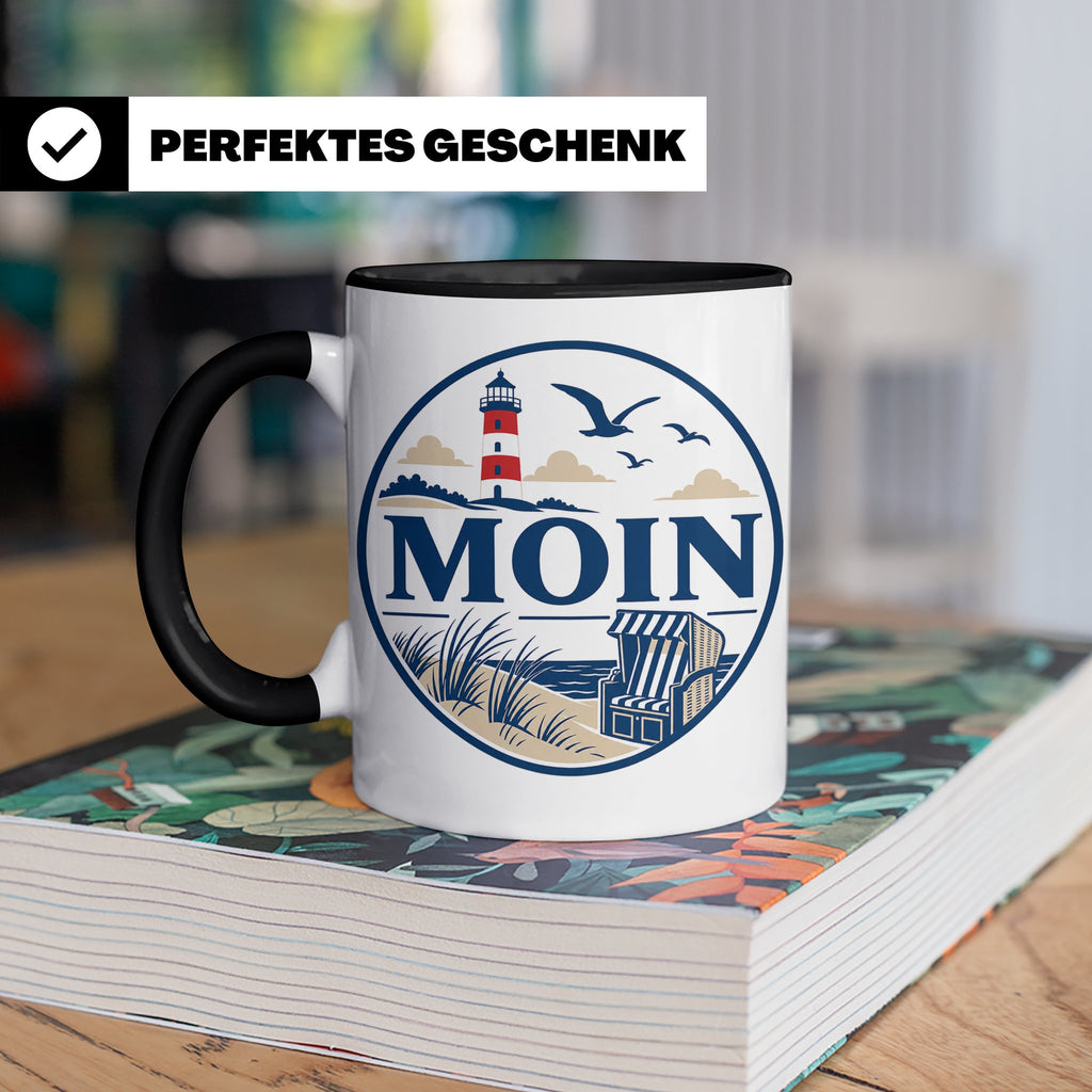 Moin Tasse Küste Leuchtturm Möwen Dünen - Geschenk Norddeuts – Schwarz [farbe:schwarz]