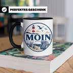 Moin Tasse Küste Leuchtturm Möwen Dünen - Geschenk Norddeuts – Schwarz [farbe:schwarz]