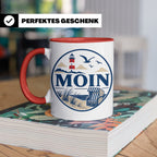 Moin Tasse Küste Leuchtturm Möwen Dünen - Geschenk Norddeuts – Rot [farbe:rot]
