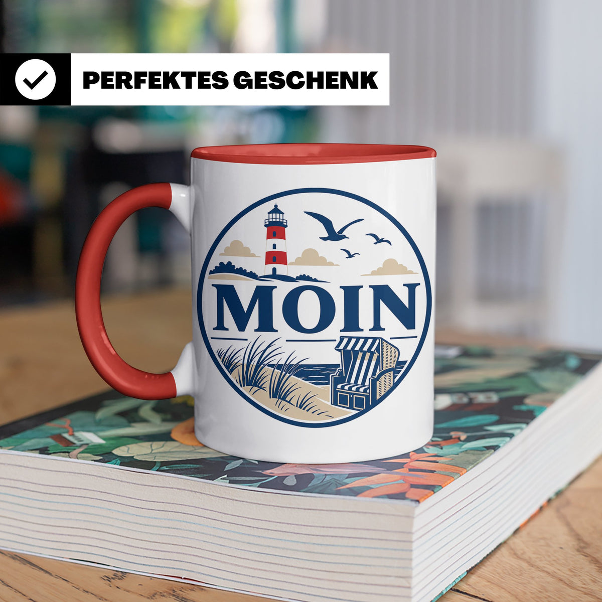 Moin Tasse Küste Leuchtturm Möwen Dünen - Geschenk Norddeuts – Rot [farbe:rot]