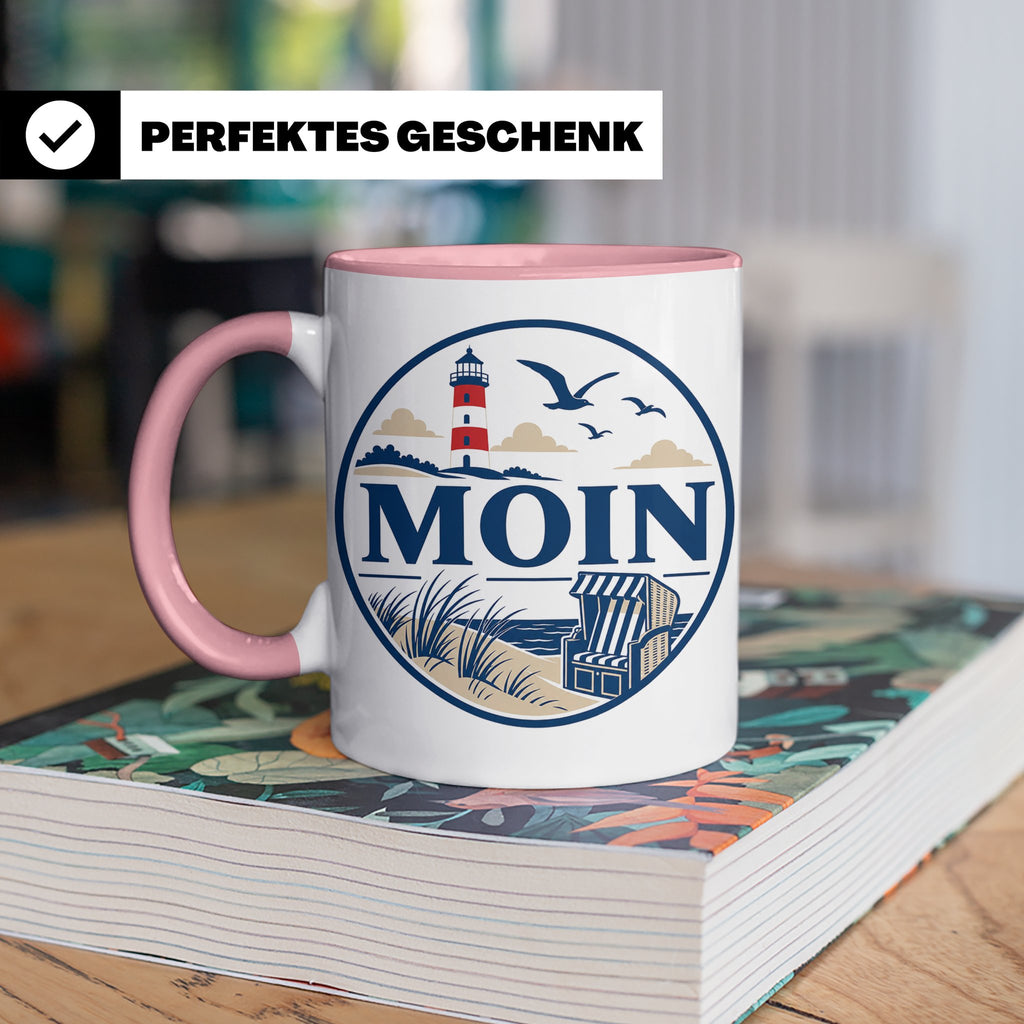 Moin Tasse Küste Leuchtturm Möwen Dünen - Geschenk Norddeuts – Rosa [farbe:rosa]