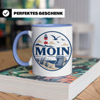 Moin Tasse Küste Leuchtturm Möwen Dünen - Geschenk Norddeuts – Blau [farbe:blau]