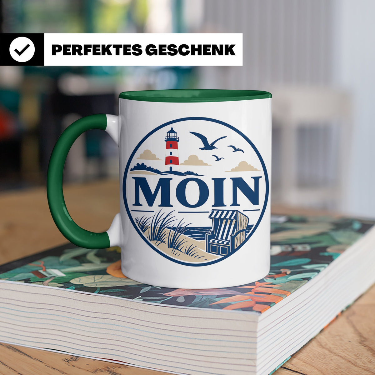 Moin Tasse Küste Leuchtturm Möwen Dünen - Geschenk Norddeuts – Grün [farbe:grün]