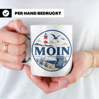 Moin Tasse Küste Leuchtturm Möwen Dünen - Geschenk Norddeuts – Weiß [farbe:weiß]