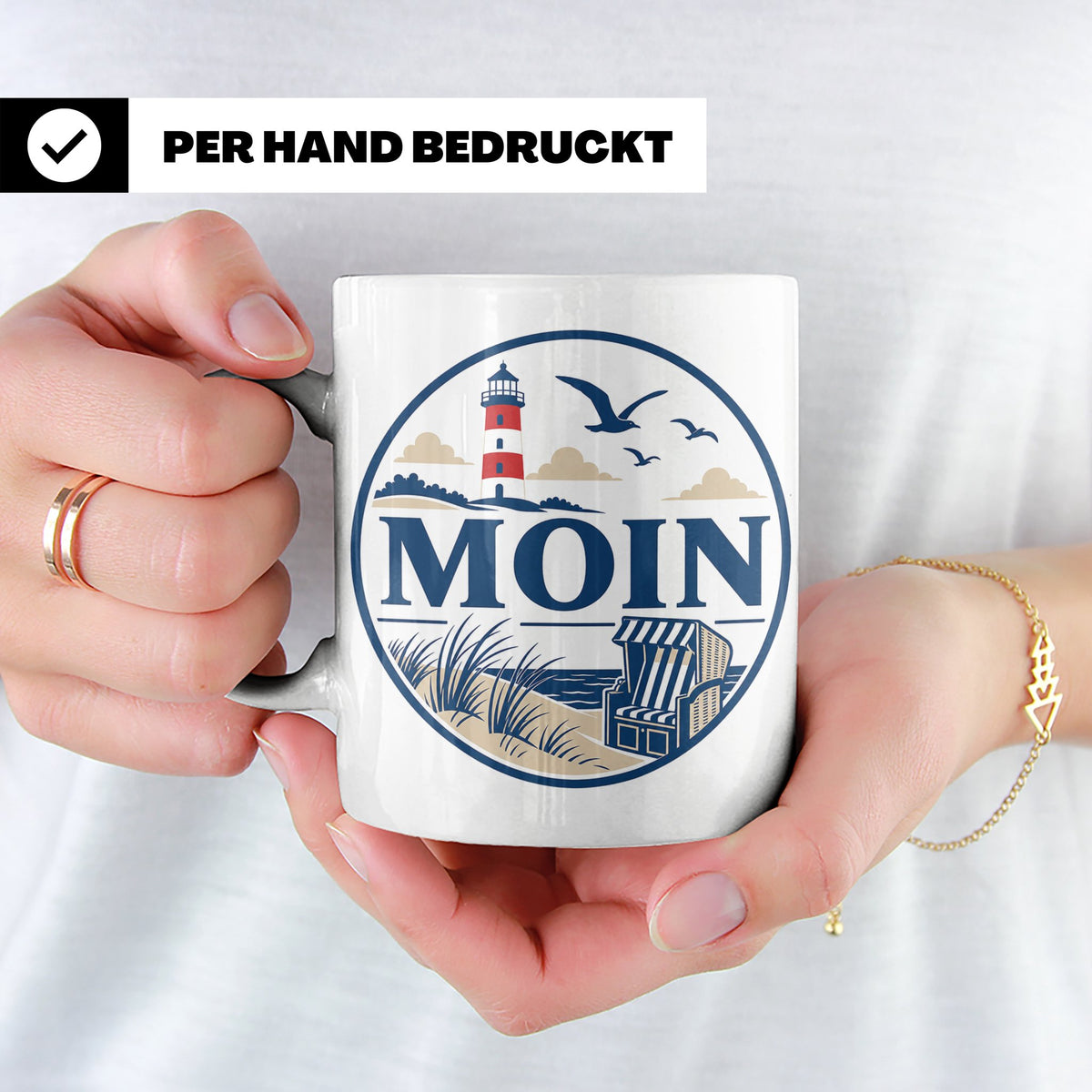 Moin Tasse Küste Leuchtturm Möwen Dünen - Geschenk Norddeuts – Weiß [farbe:weiß]