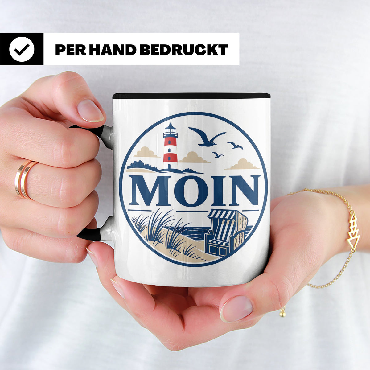 Moin Tasse Küste Leuchtturm Möwen Dünen - Geschenk Norddeuts – Schwarz [farbe:schwarz]