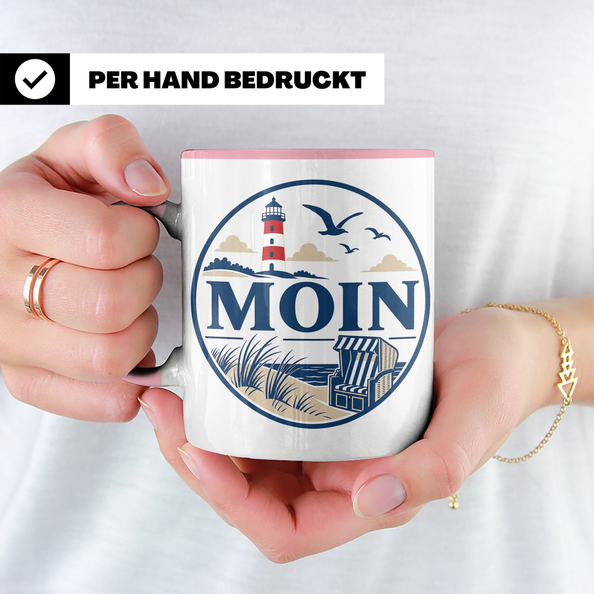Moin Tasse Küste Leuchtturm Möwen Dünen - Geschenk Norddeuts – Rosa [farbe:rosa]