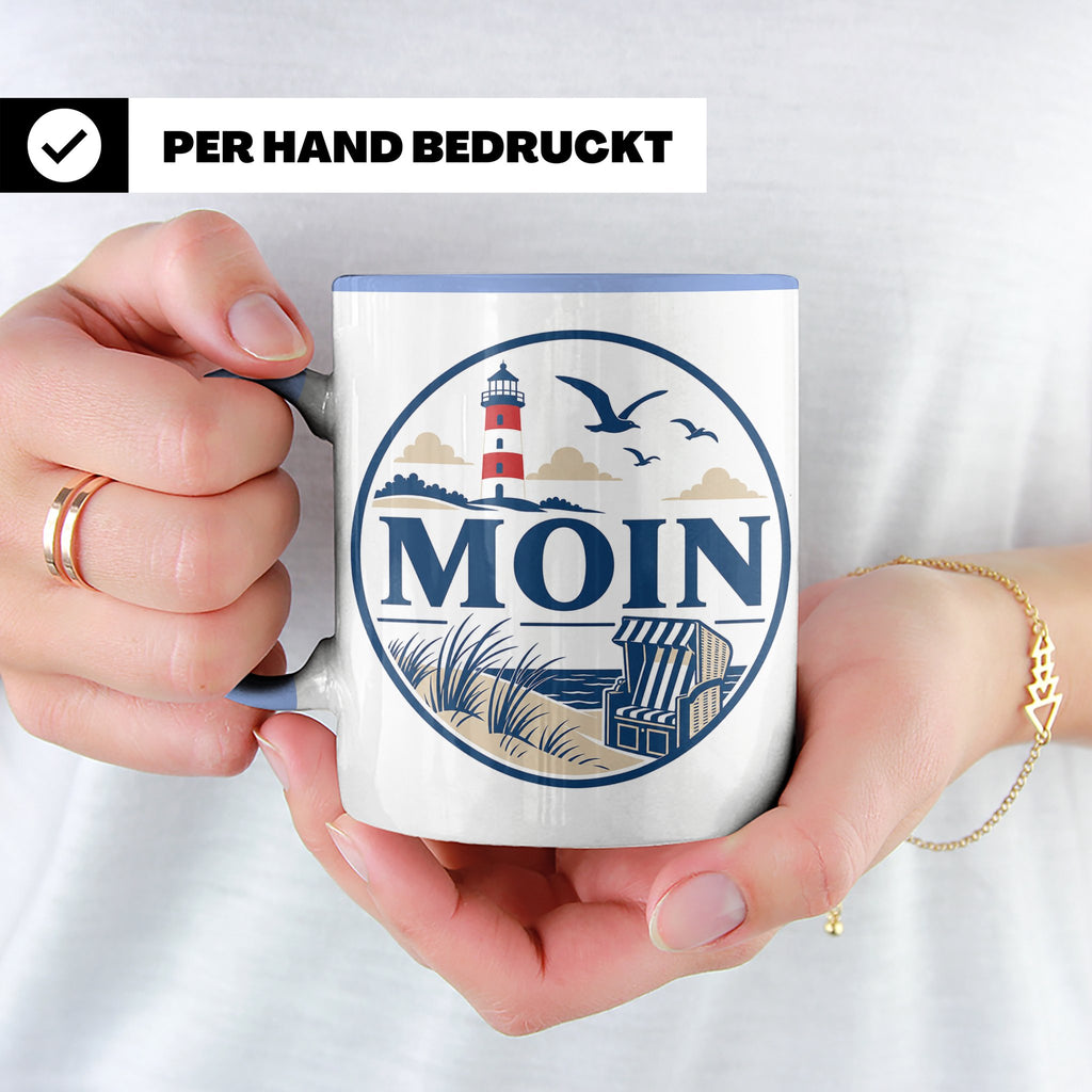 Moin Tasse Küste Leuchtturm Möwen Dünen - Geschenk Norddeuts – Blau [farbe:blau]