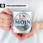Moin Tasse Küste Leuchtturm Möwen Dünen - Geschenk Norddeuts – Blau [farbe:blau]
