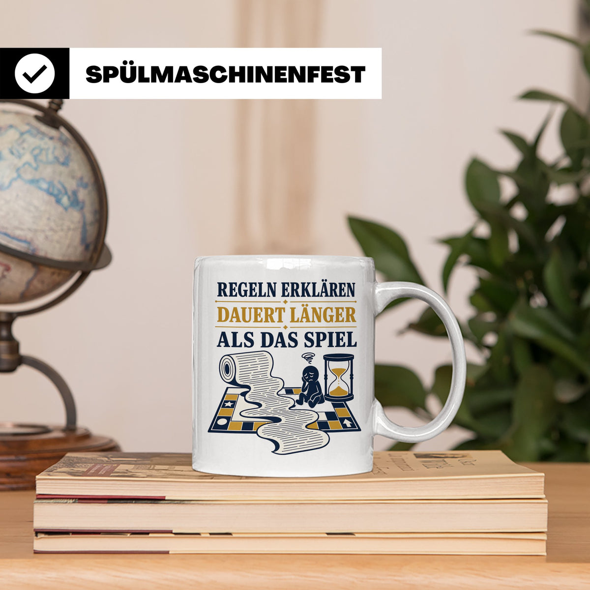 Brettspiel Tasse mit Spruch Regeln erklären dauert länger al – Weiß [farbe:weiß]