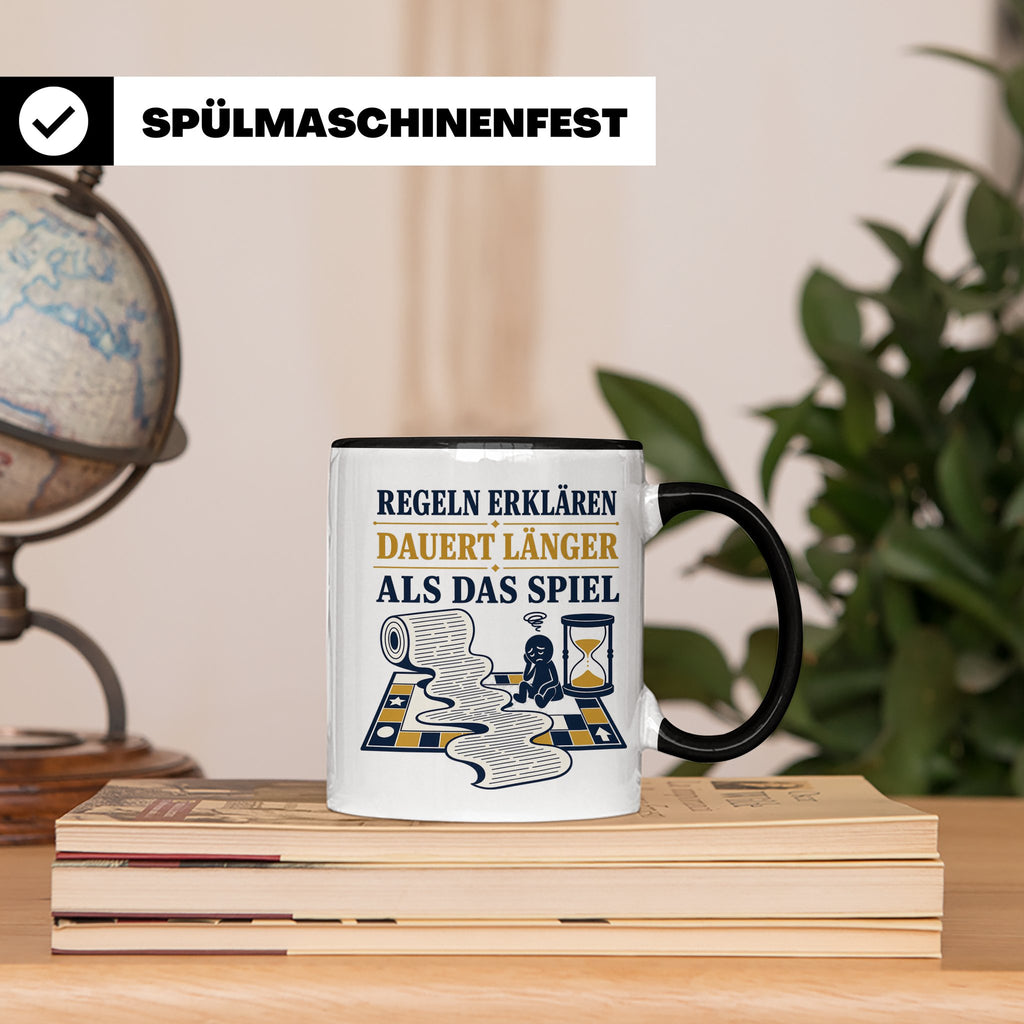 Brettspiel Tasse mit Spruch Regeln erklären dauert länger al – Schwarz [farbe:schwarz]