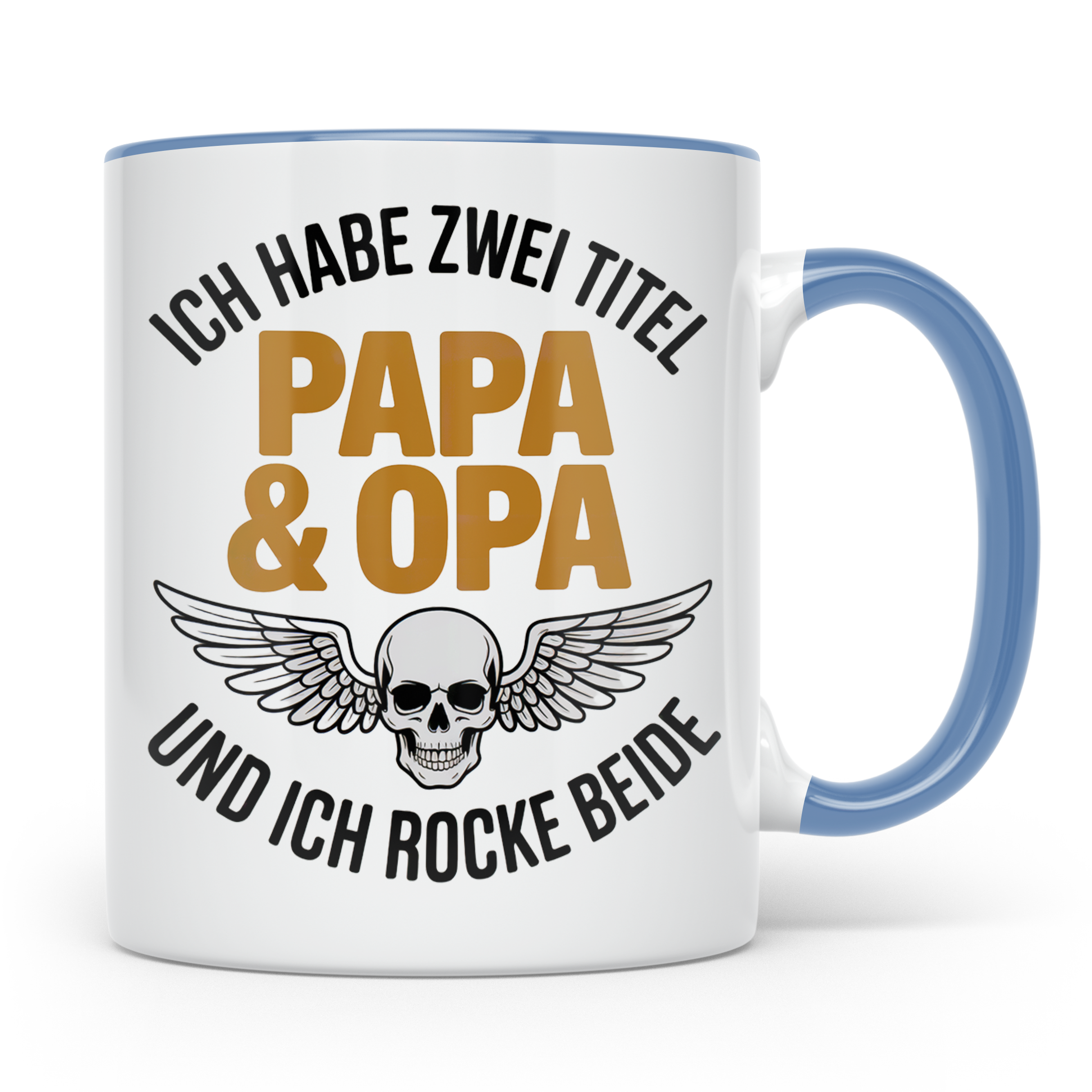 Papa Opa Tasse mit Spruch: Ich habe zwei Titel und rocke bei – Blau [farbe:blau]
