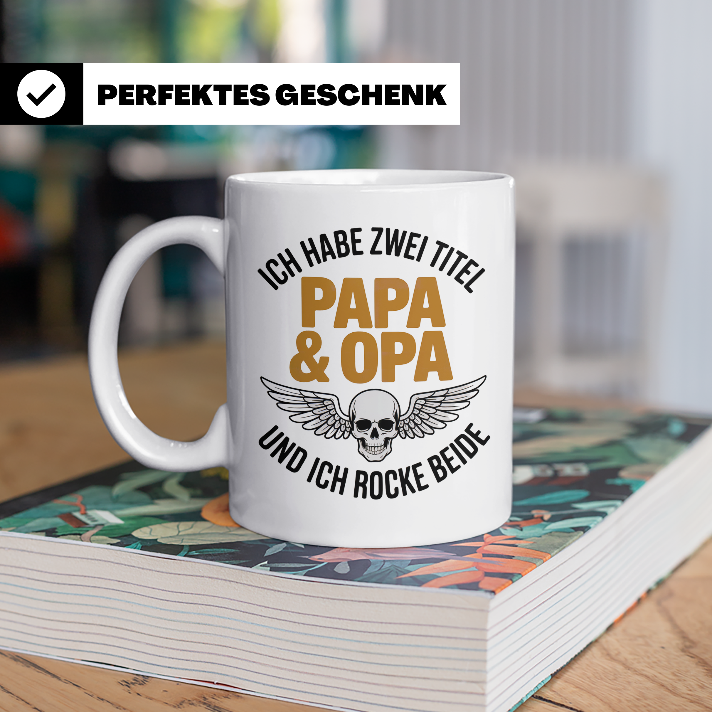Papa Opa Tasse mit Spruch: Ich habe zwei Titel und rocke bei – Weiß [farbe:weiß]