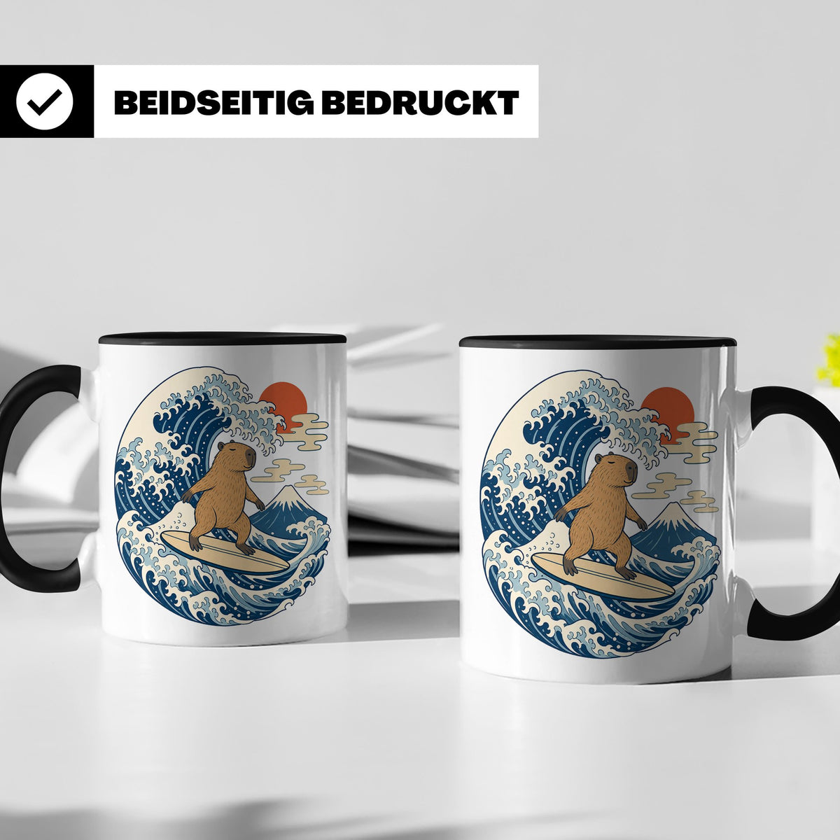 Capybara Tasse Surfer Japanische Welle - Geschenk für Capyba – Schwarz [farbe:schwarz]