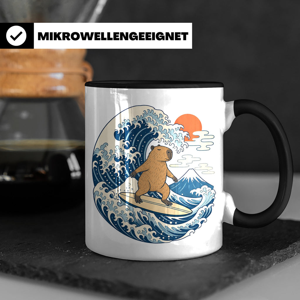 Capybara Tasse Surfer Japanische Welle - Geschenk für Capyba – Schwarz [farbe:schwarz]