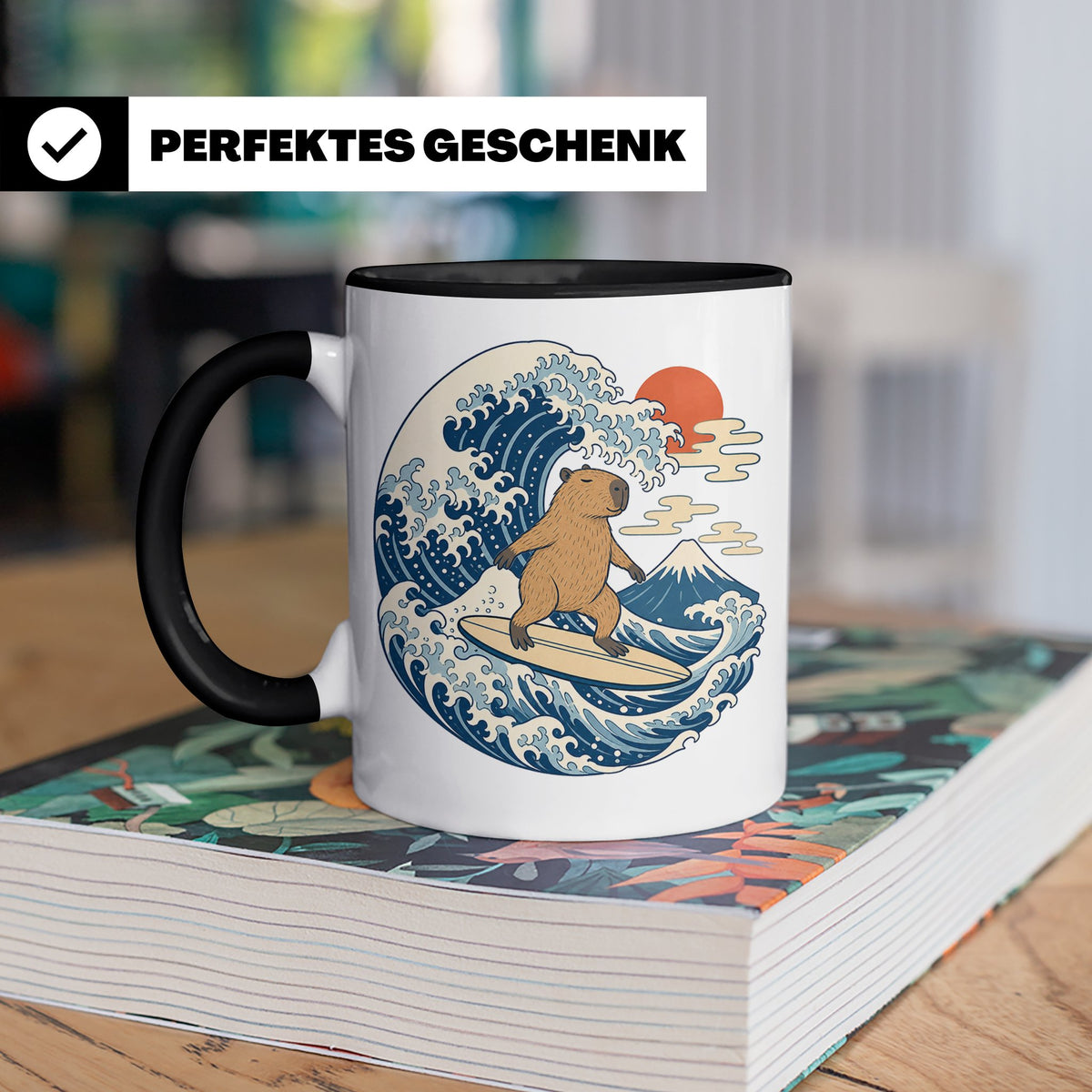 Capybara Tasse Surfer Japanische Welle - Geschenk für Capyba – Schwarz [farbe:schwarz]