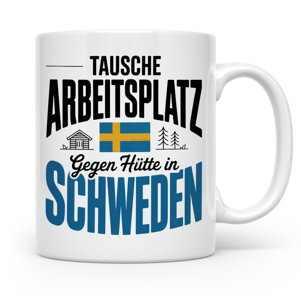 Schweden Tasse - Tausche Arbeitsplatz gegen Hütte - Auswande – Weiß [farbe:weiß]