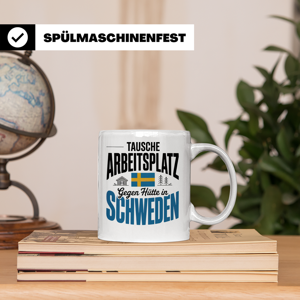 Schweden Tasse - Tausche Arbeitsplatz gegen Hütte - Auswande – Weiß [farbe:weiß]