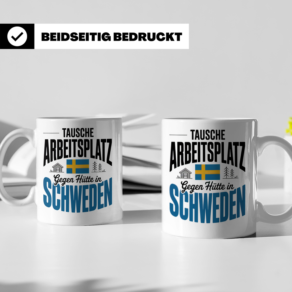 Schweden Tasse - Tausche Arbeitsplatz gegen Hütte - Auswande – Weiß [farbe:weiß]