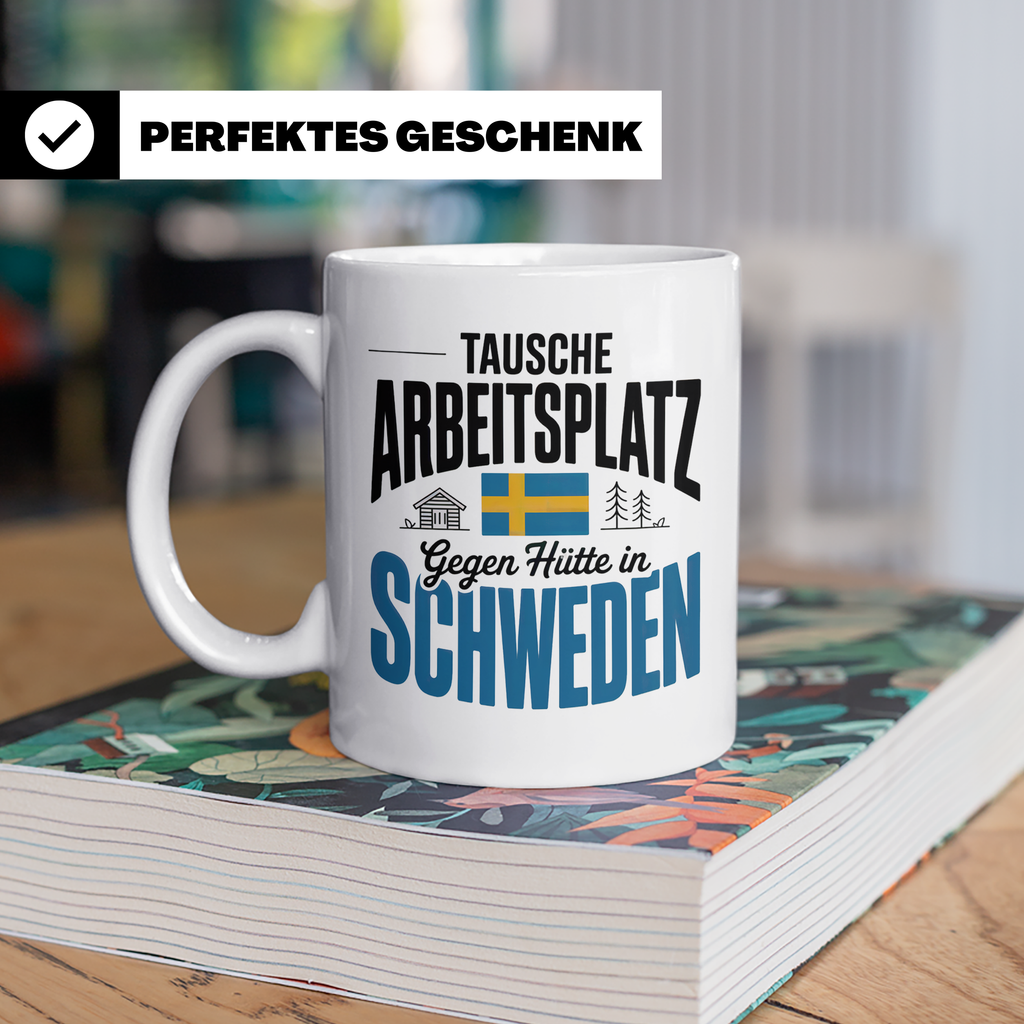 Schweden Tasse - Tausche Arbeitsplatz gegen Hütte - Auswande – Weiß [farbe:weiß]