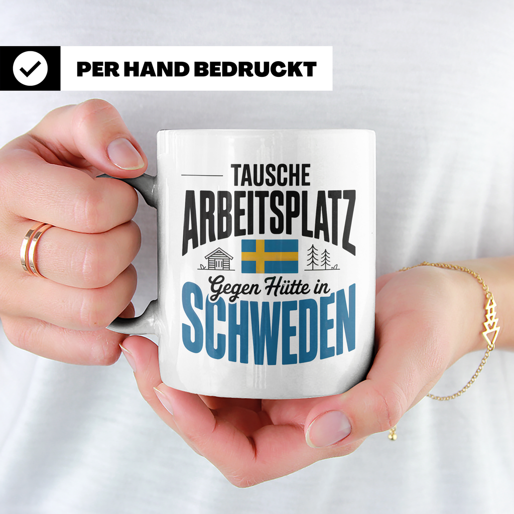 Schweden Tasse - Tausche Arbeitsplatz gegen Hütte - Auswande – Weiß [farbe:weiß]