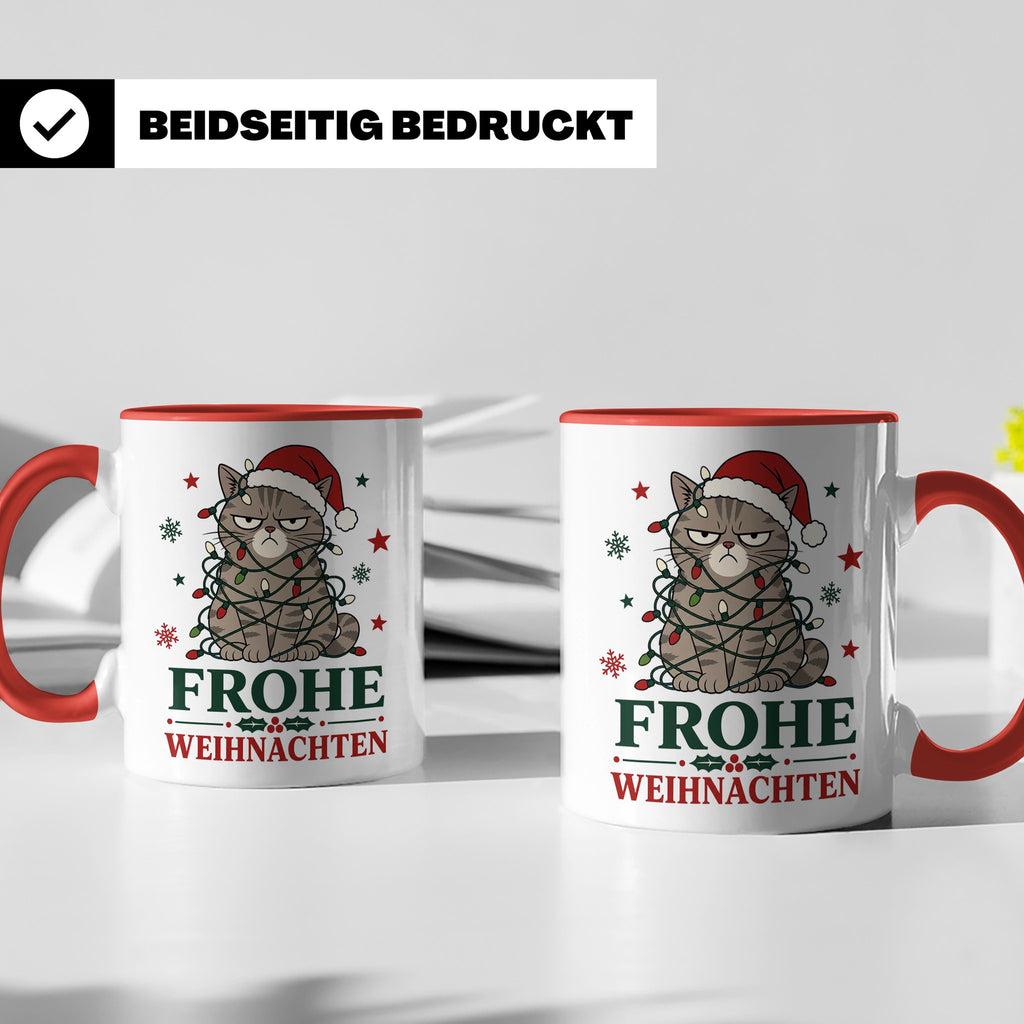 Weihnachtstasse Katze Frohe Weihnachten - Lustige mürrische  – Rot [farbe:rot]