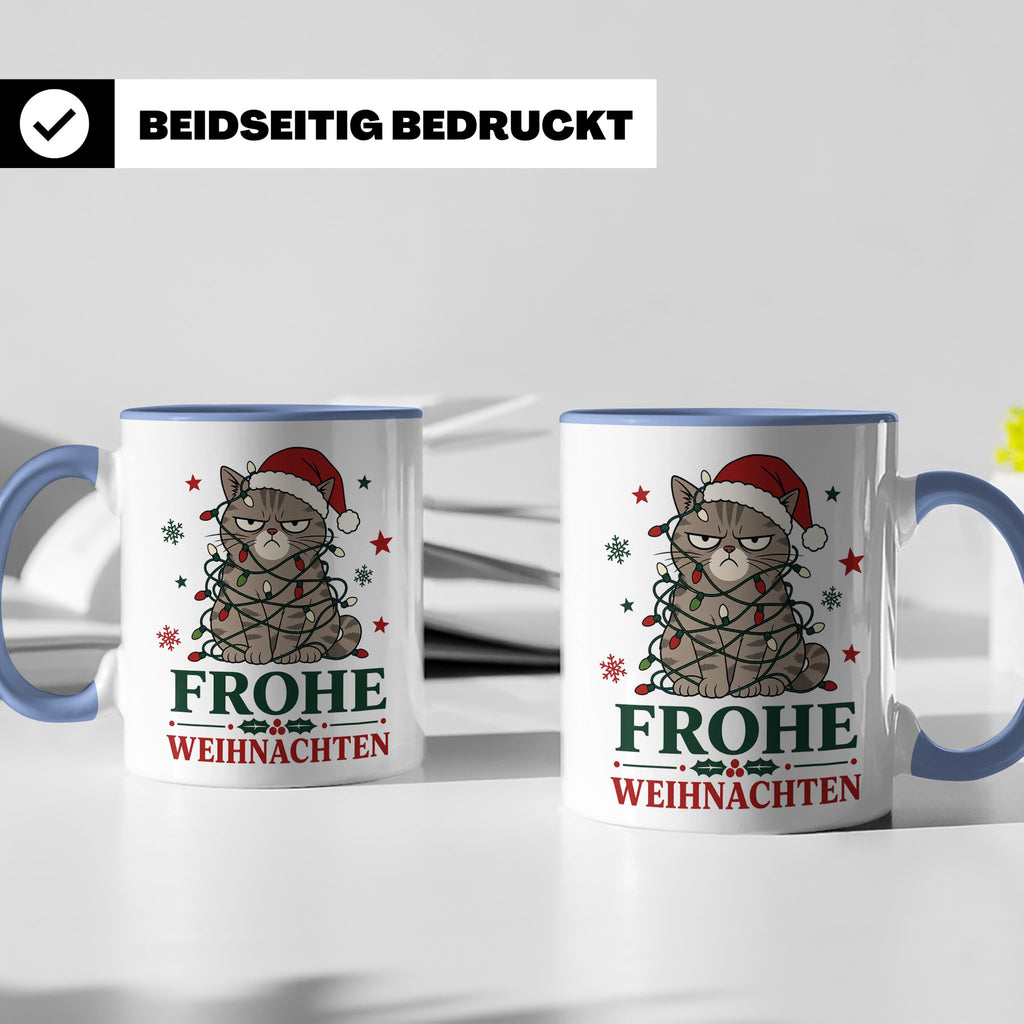 Weihnachtstasse Katze Frohe Weihnachten - Lustige mürrische  – Blau [farbe:blau]