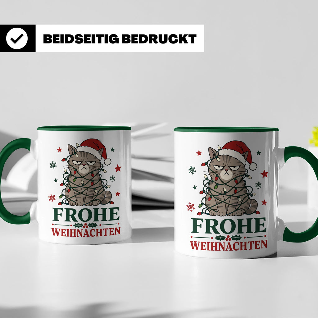 Weihnachtstasse Katze Frohe Weihnachten - Lustige mürrische  – Grün [farbe:grün]