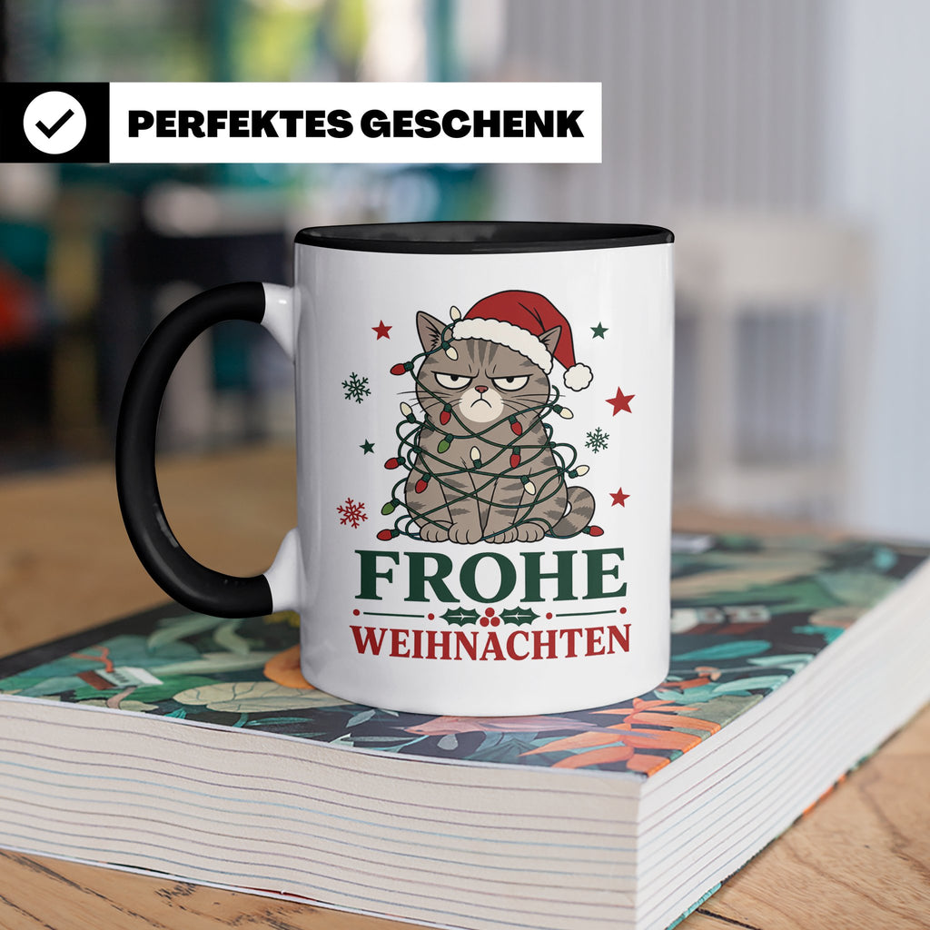 Weihnachtstasse Katze Frohe Weihnachten - Lustige mürrische  – Schwarz [farbe:schwarz]