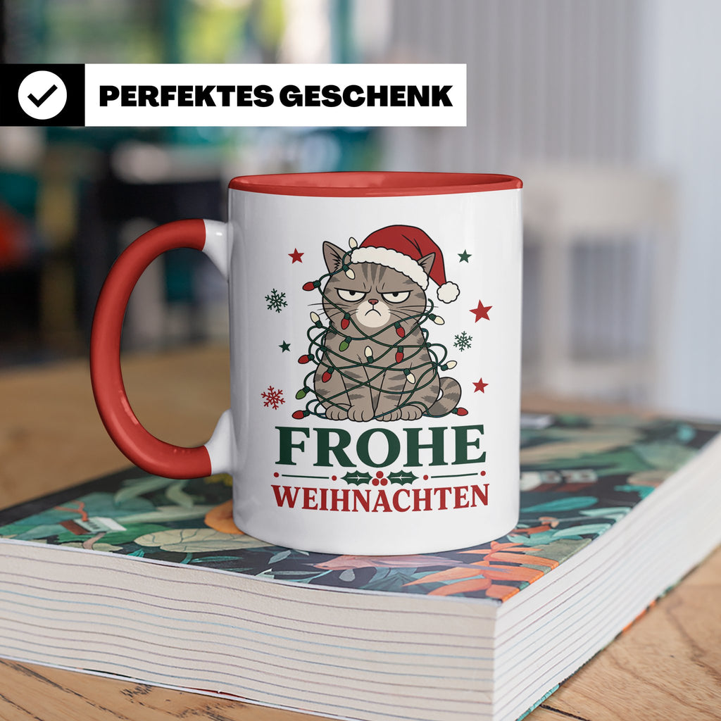 Weihnachtstasse Katze Frohe Weihnachten - Lustige mürrische  – Rot [farbe:rot]