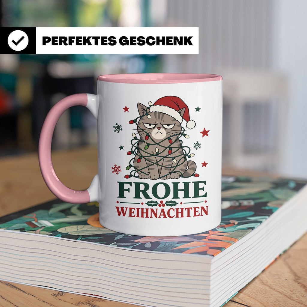 Weihnachtstasse Katze Frohe Weihnachten - Lustige mürrische  – Rosa [farbe:rosa]