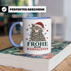 Weihnachtstasse Katze Frohe Weihnachten - Lustige mürrische  – Blau [farbe:blau]