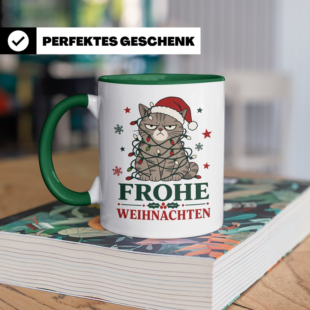 Weihnachtstasse Katze Frohe Weihnachten - Lustige mürrische  – Grün [farbe:grün]