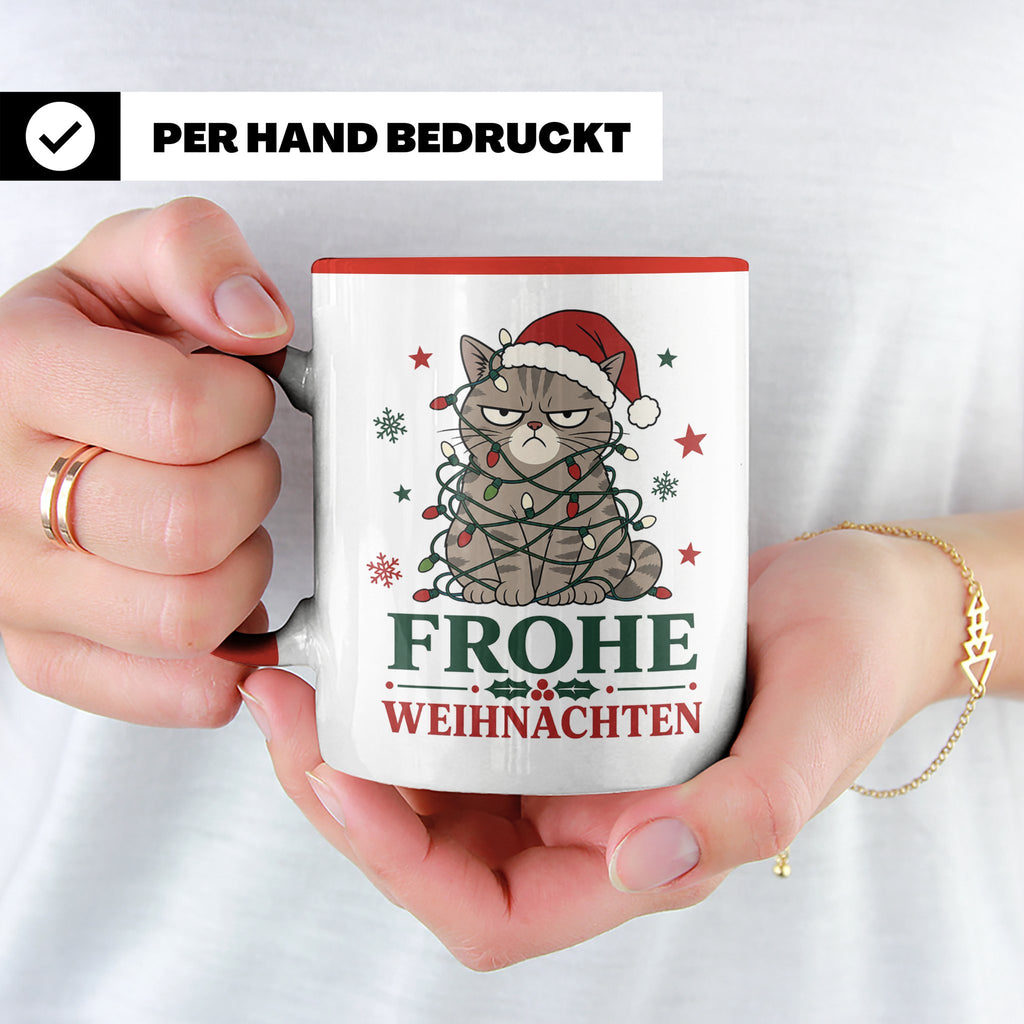 Weihnachtstasse Katze Frohe Weihnachten - Lustige mürrische  – Rot [farbe:rot]