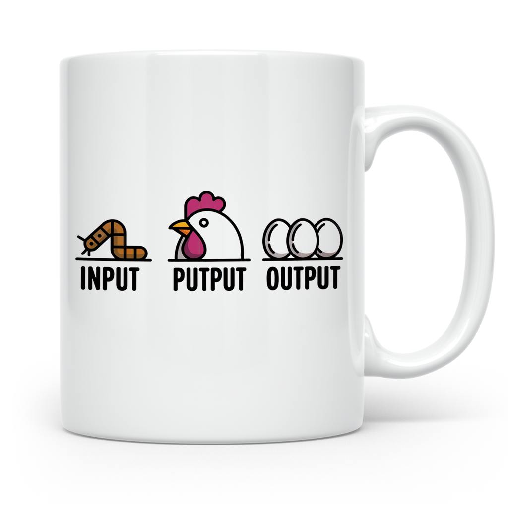 Hühner Tasse Input Output - Wurm Ei Kreislauf Bauernhof Land – Weiß [farbe:weiß]